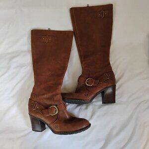 BORN Leather brown winter/fall western buckle chunky heel knee high boots sz 8.5